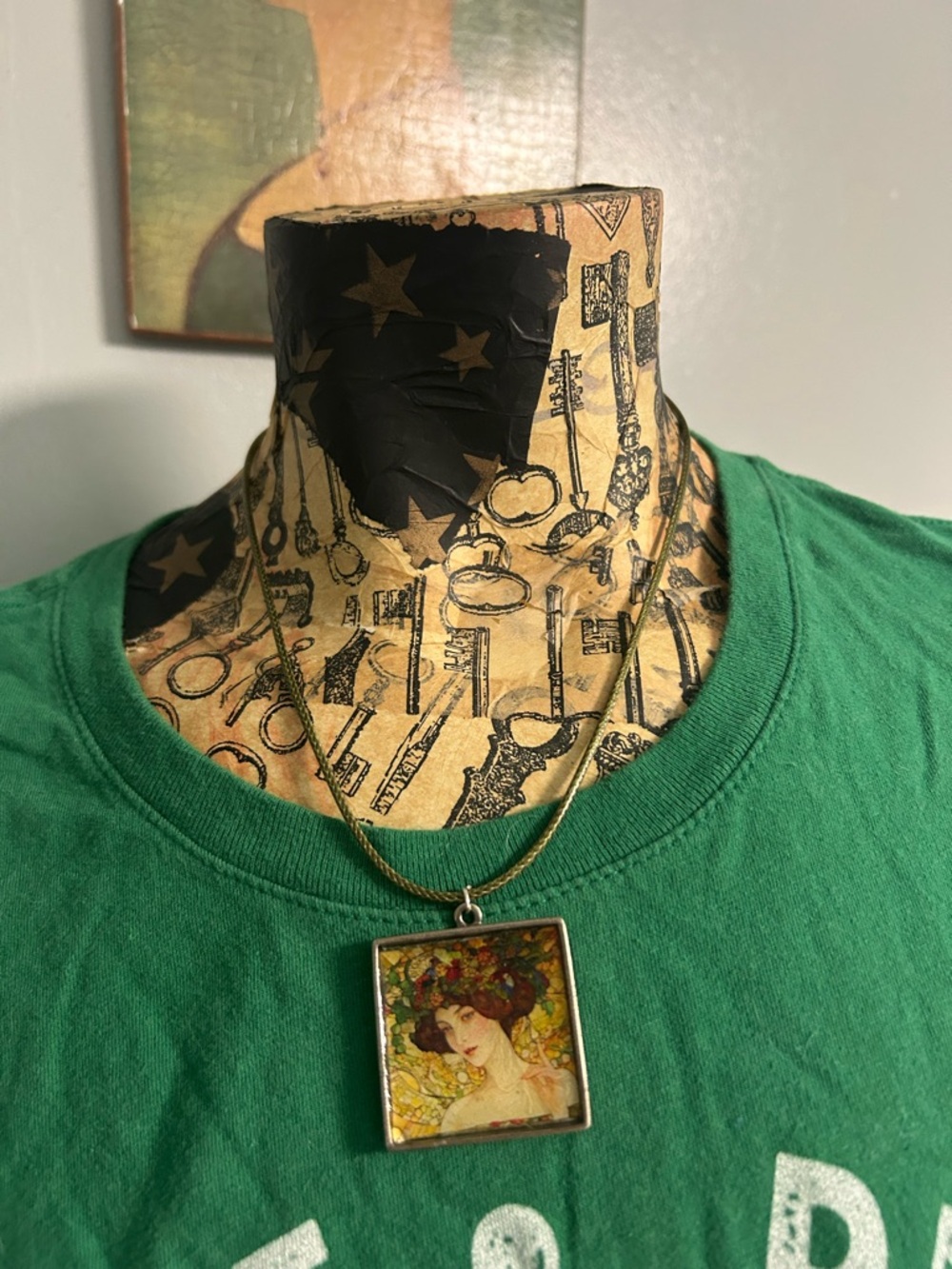 Hand Crafted Green Multicolor Art Nouveau Portrait Pendant Necklace